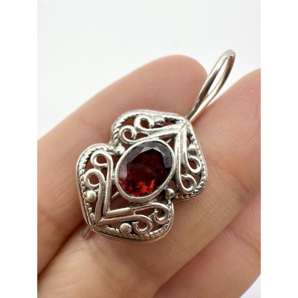Single Earring 925 Sterling Silver Filigree Garnet Earring